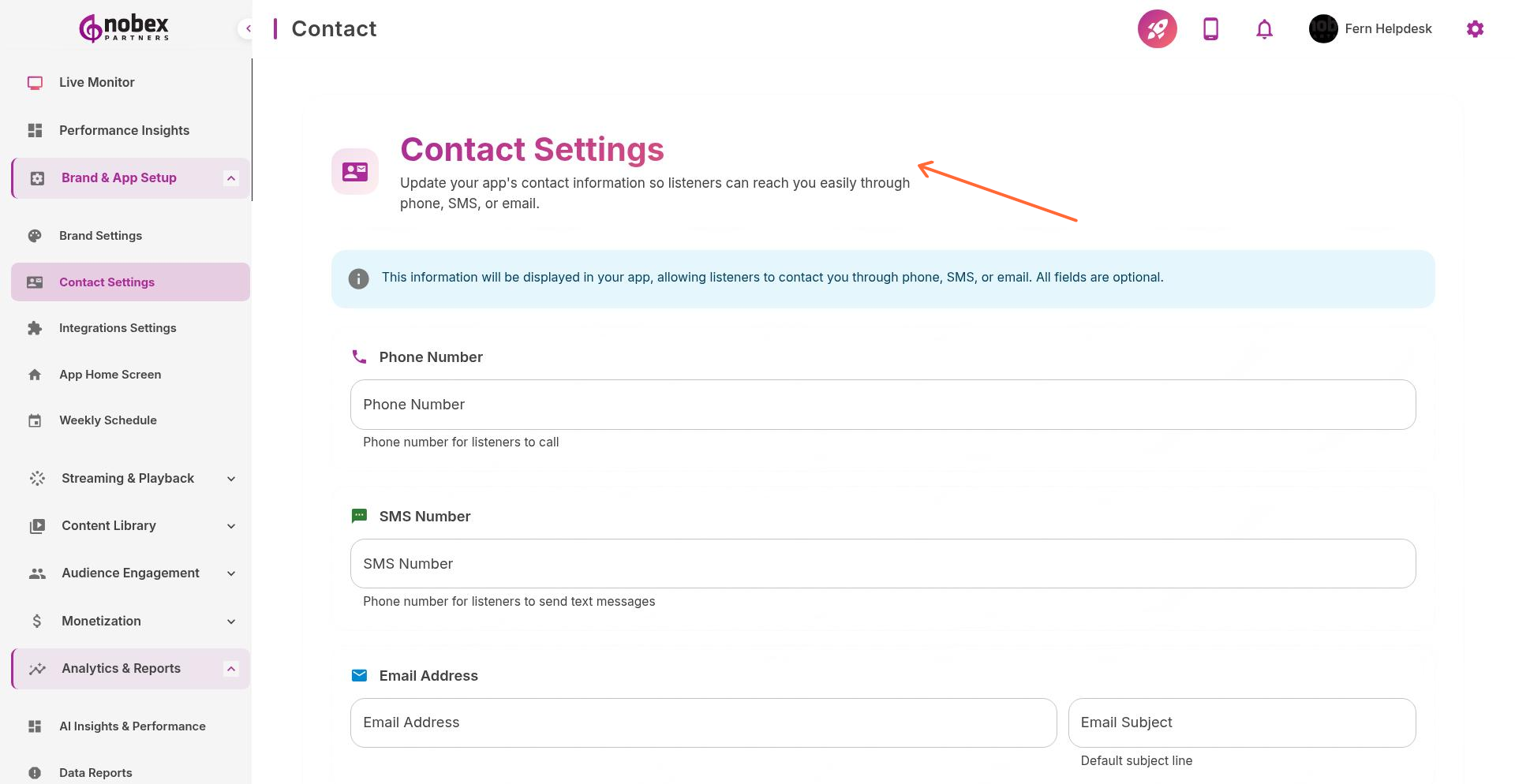 Contact Settings configuration page