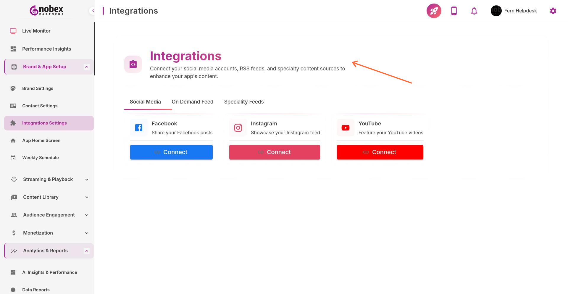 Integrations Settings page showing available connections