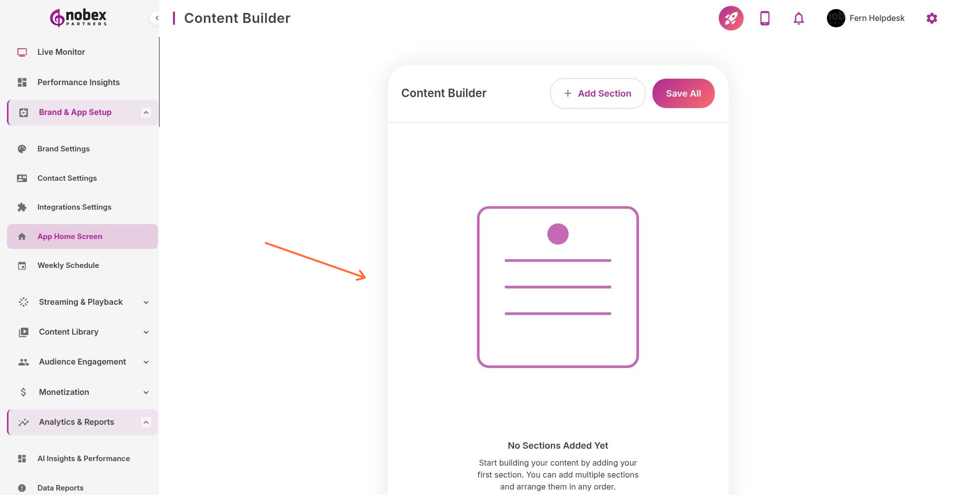 Content Builder interface showing Add First Section button