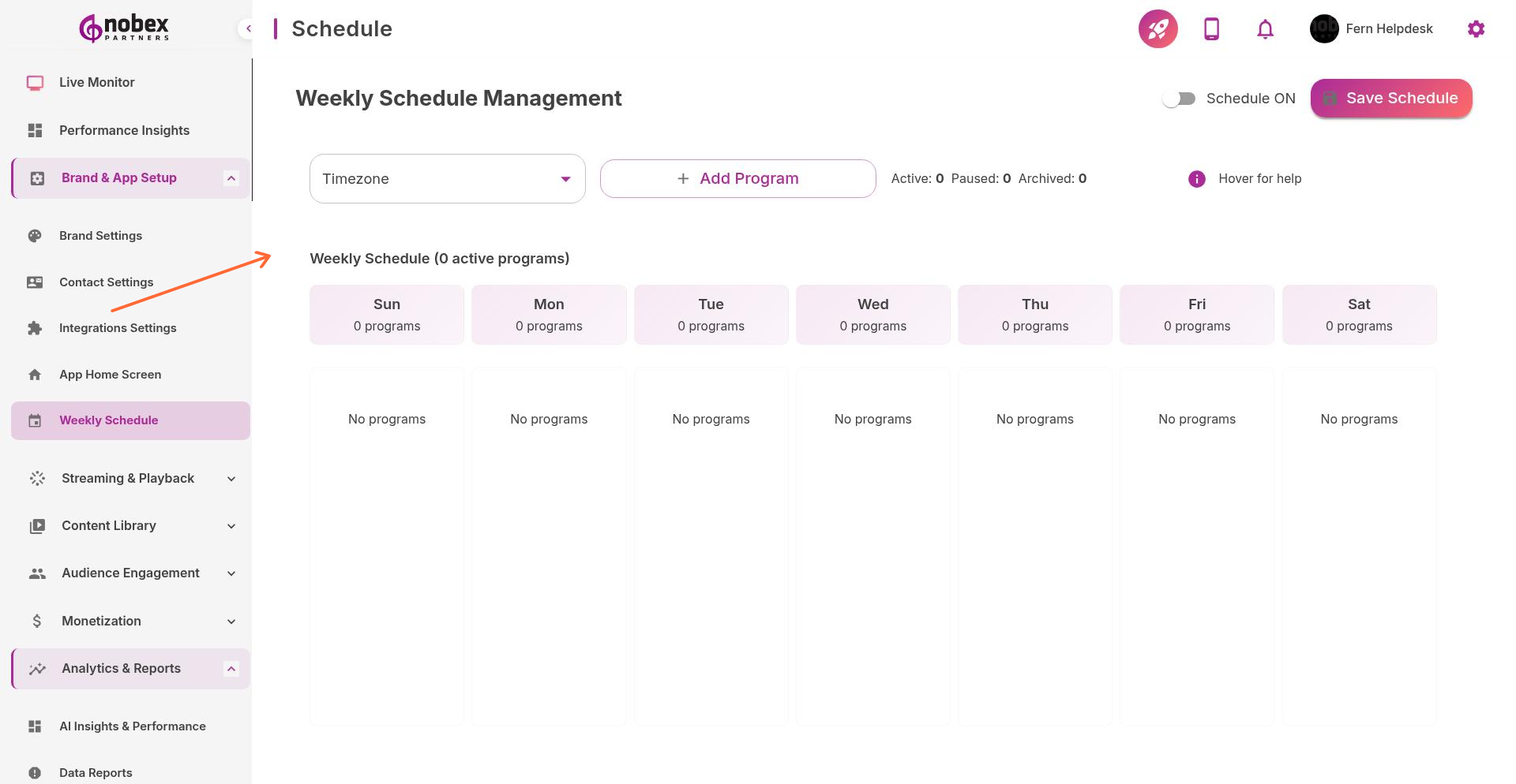 Weekly Schedule Management interface with day grid