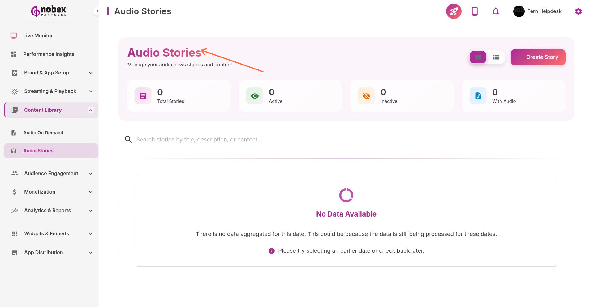 Audio Stories management interface