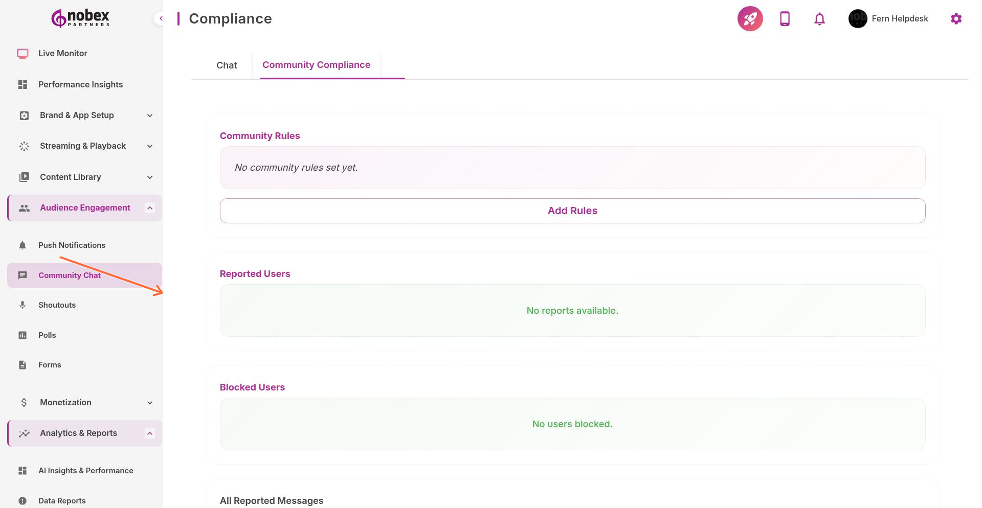Chat Compliance interface with rules and moderation tools