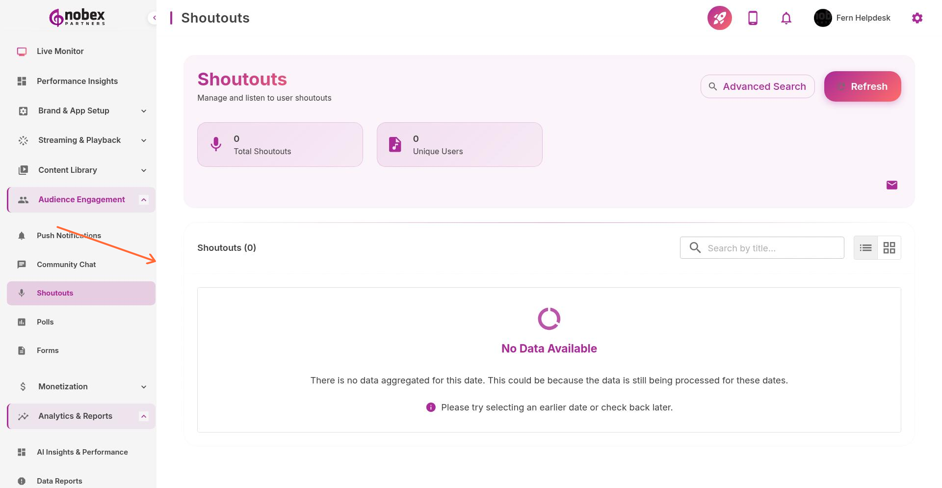 Shoutouts management interface