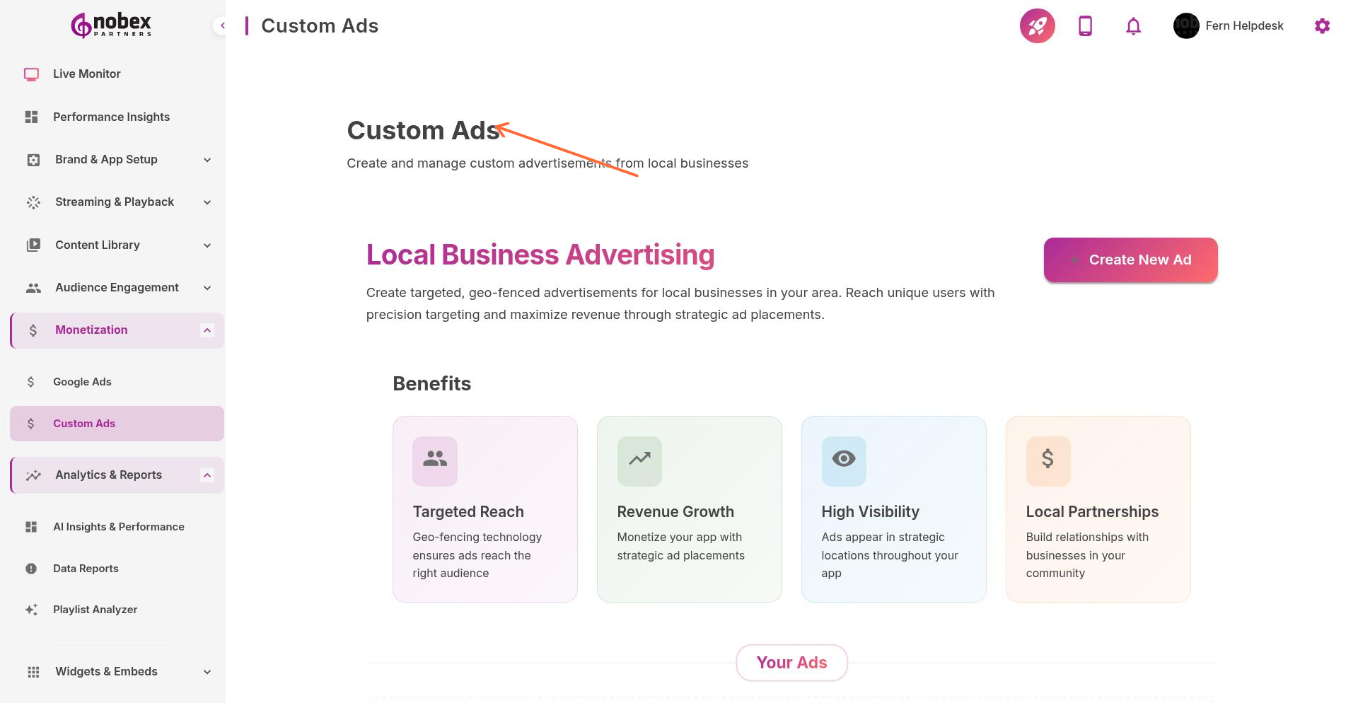 Custom Ads management interface