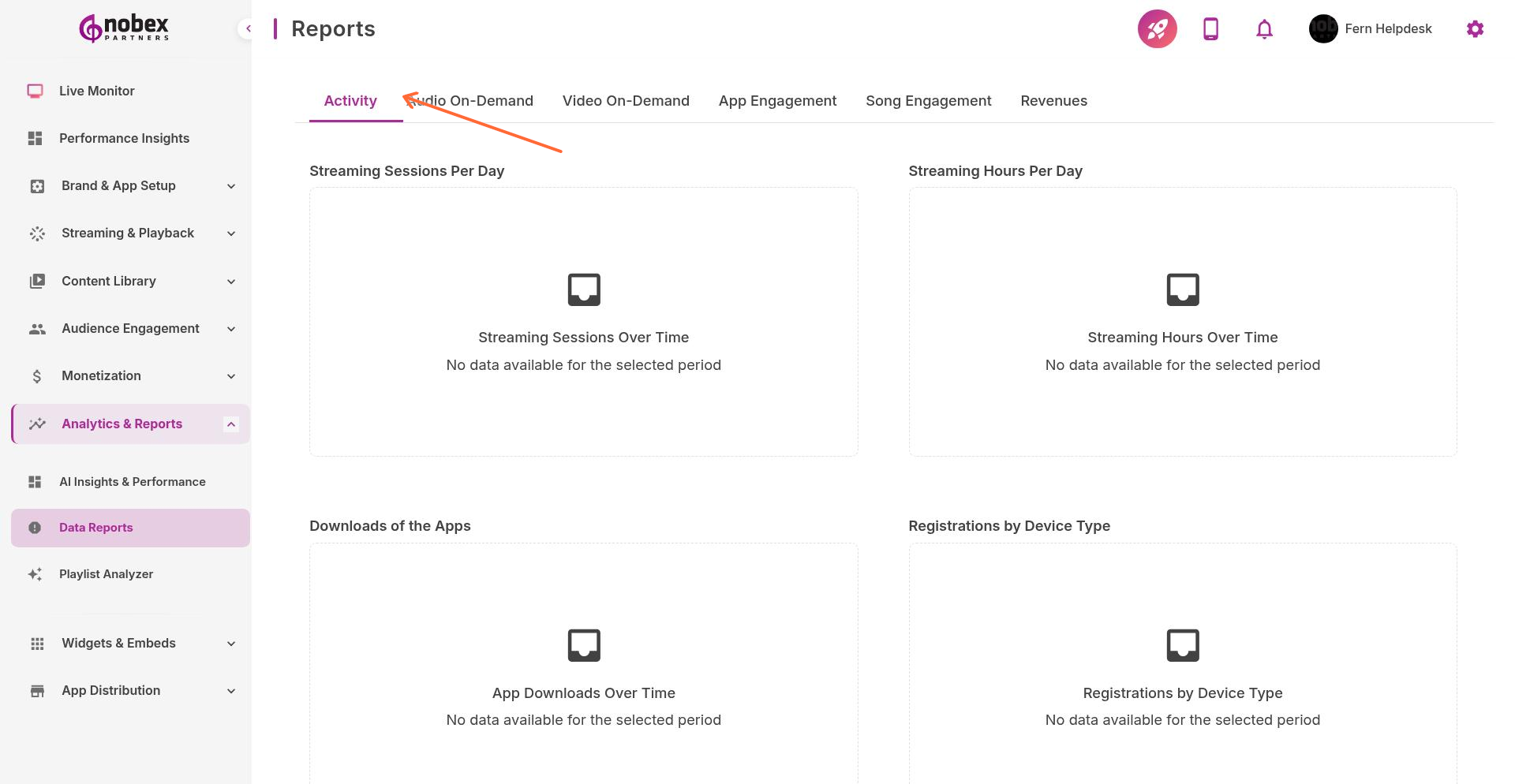Data Reports Activity tab