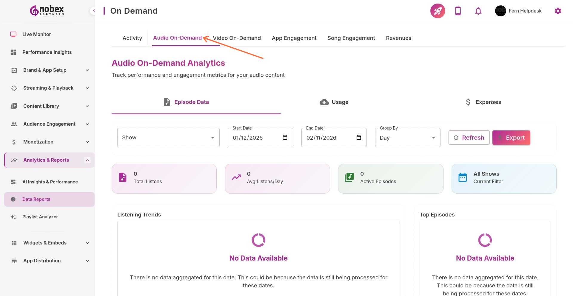 Audio On-Demand Reports tab