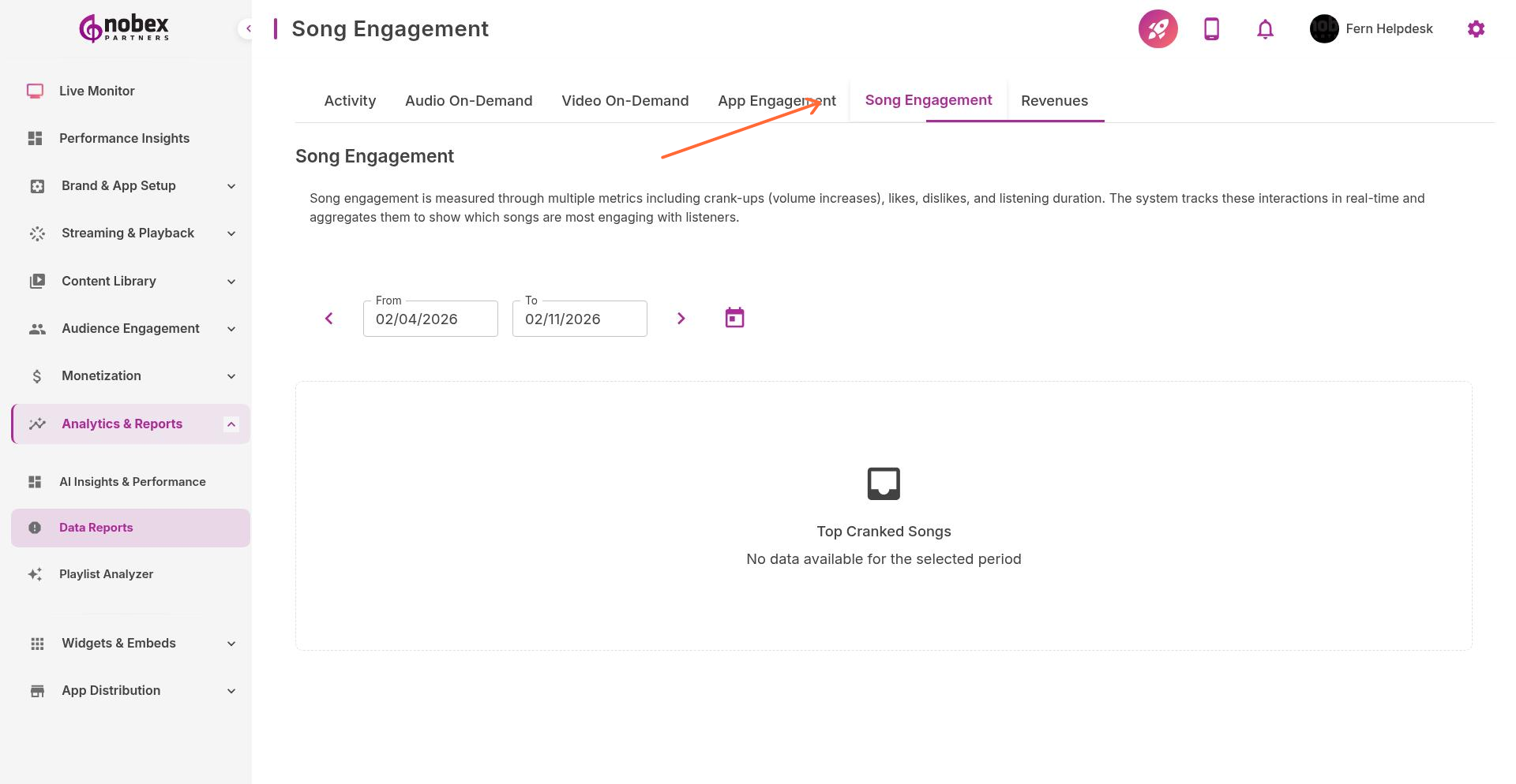 Song Engagement Reports tab