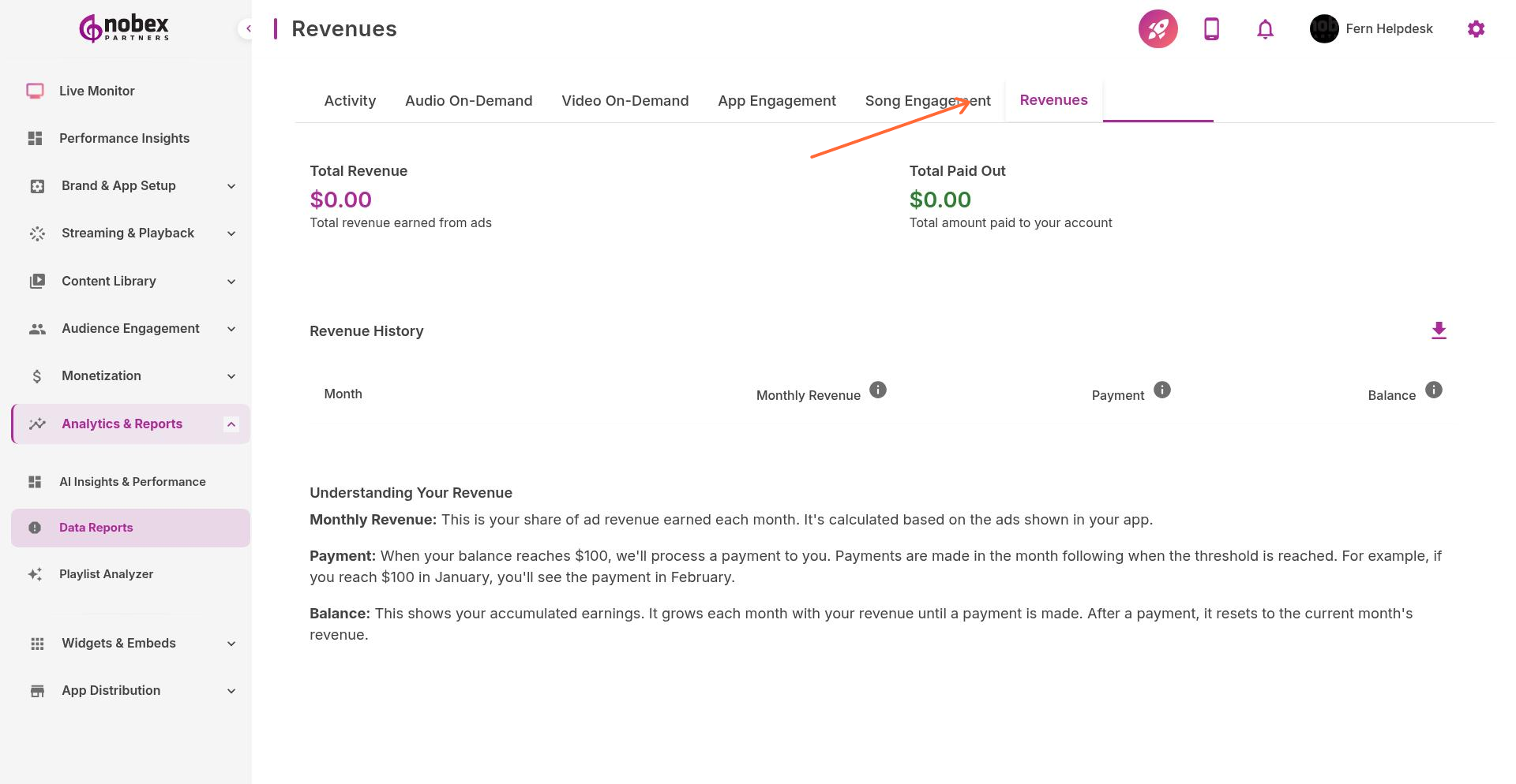 Revenues Reports tab