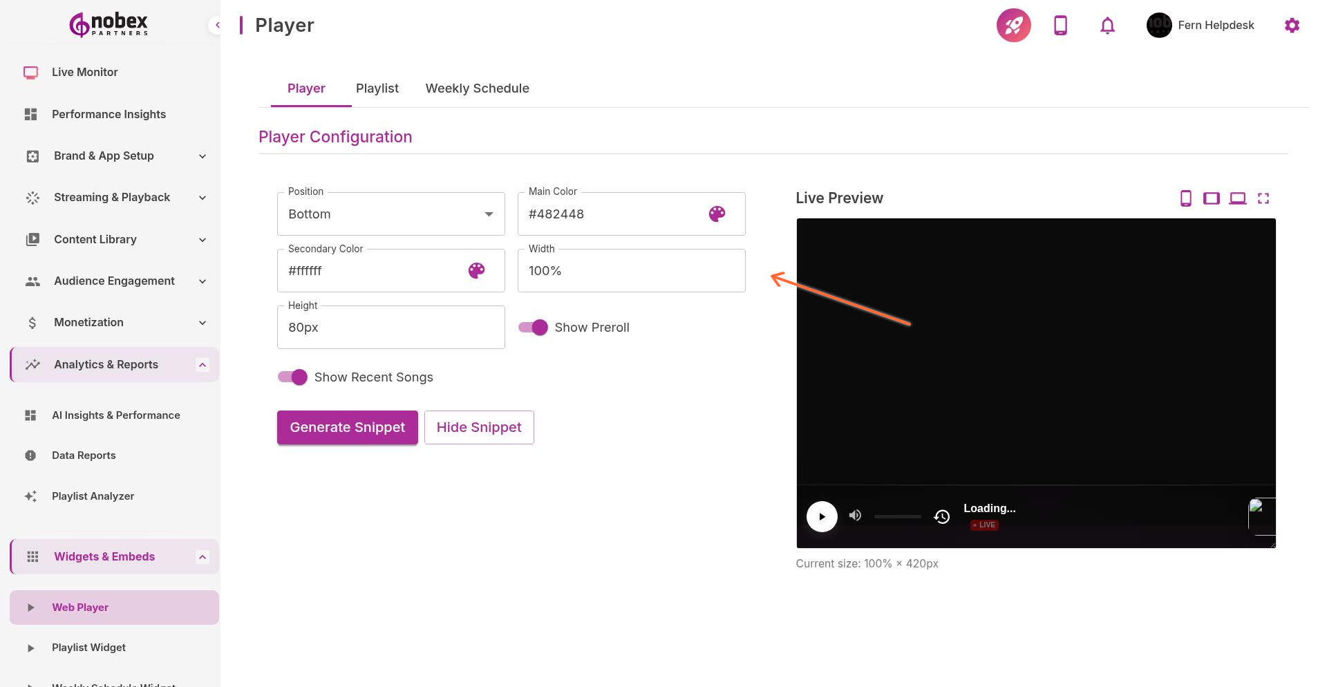 Web Player Widget configuration