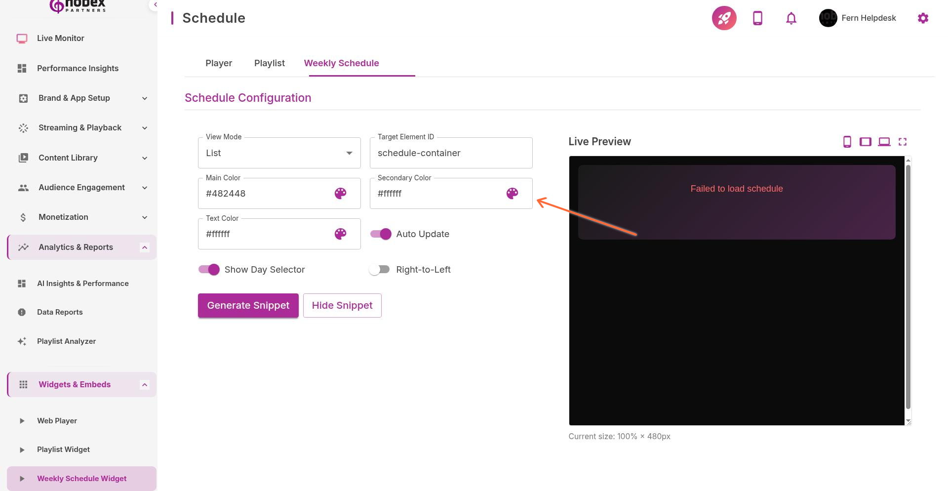 Weekly Schedule Widget configuration