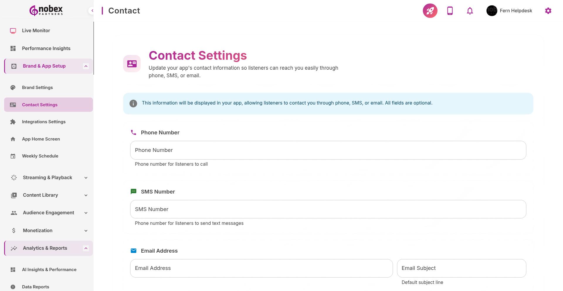 Contact Settings form with email, phone, website, and social links