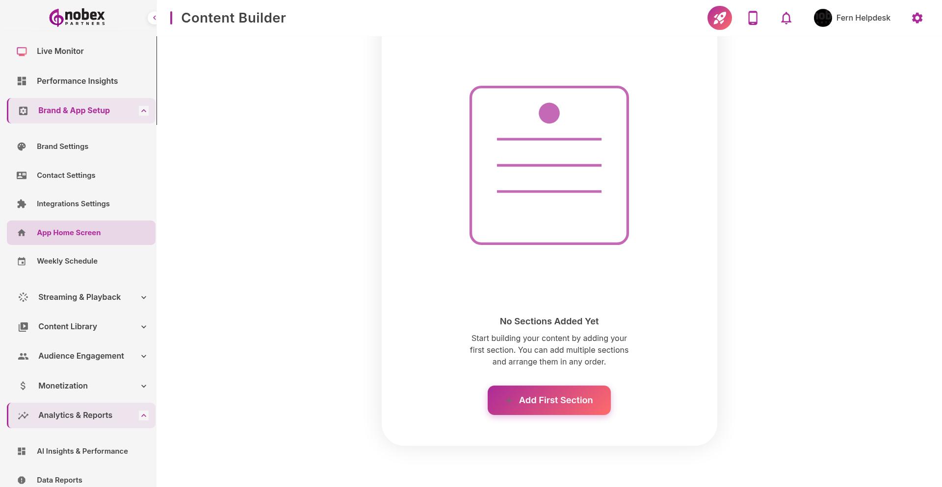 App Home Screen builder showing widget options and layout preview
