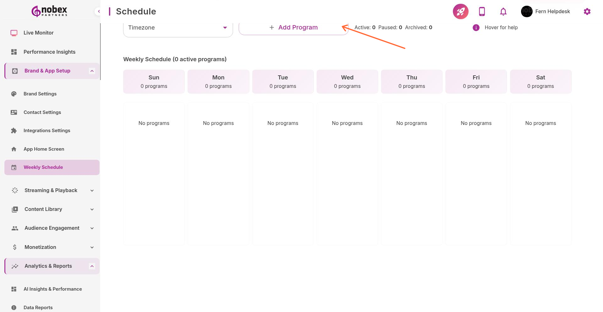 Weekly Schedule with Add Program button highlighted