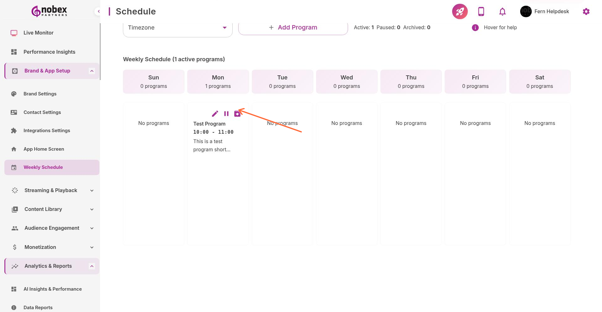 Program entry showing edit, pause, and archive action buttons