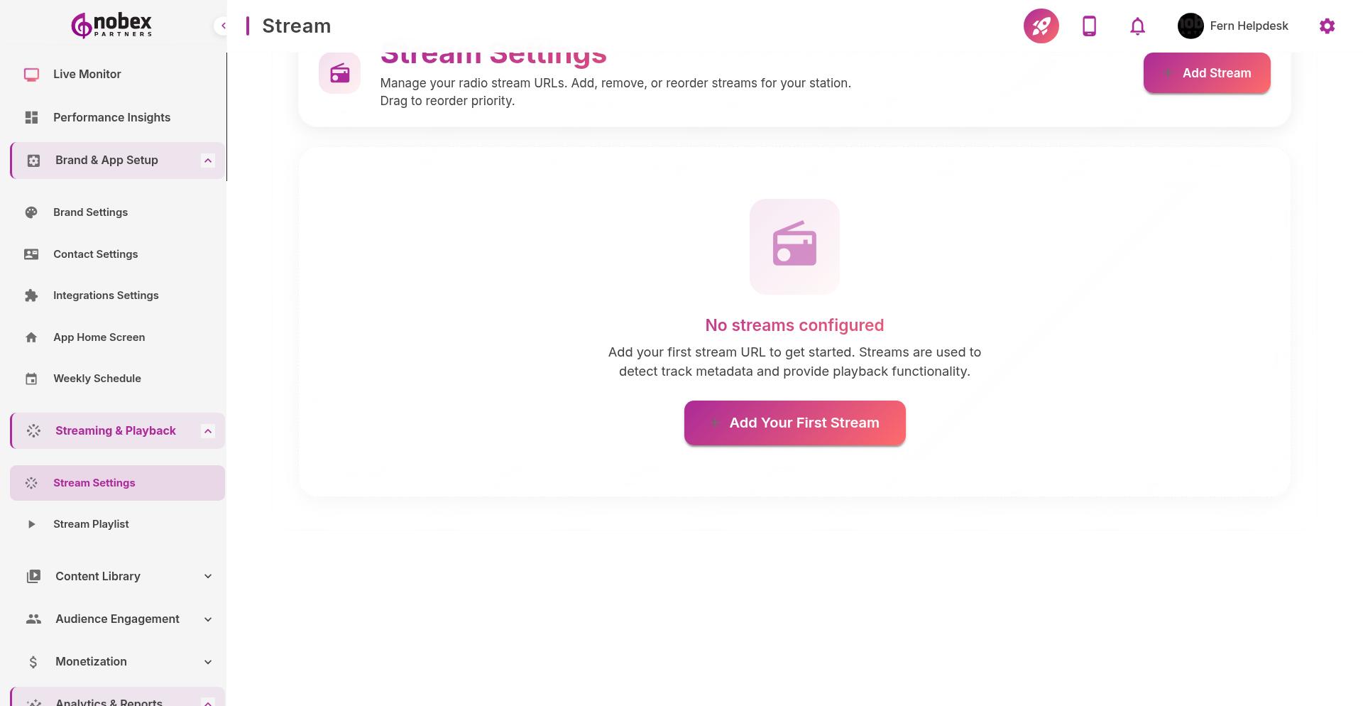 Streaming & Playback configuration showing stream URL, format, and settings