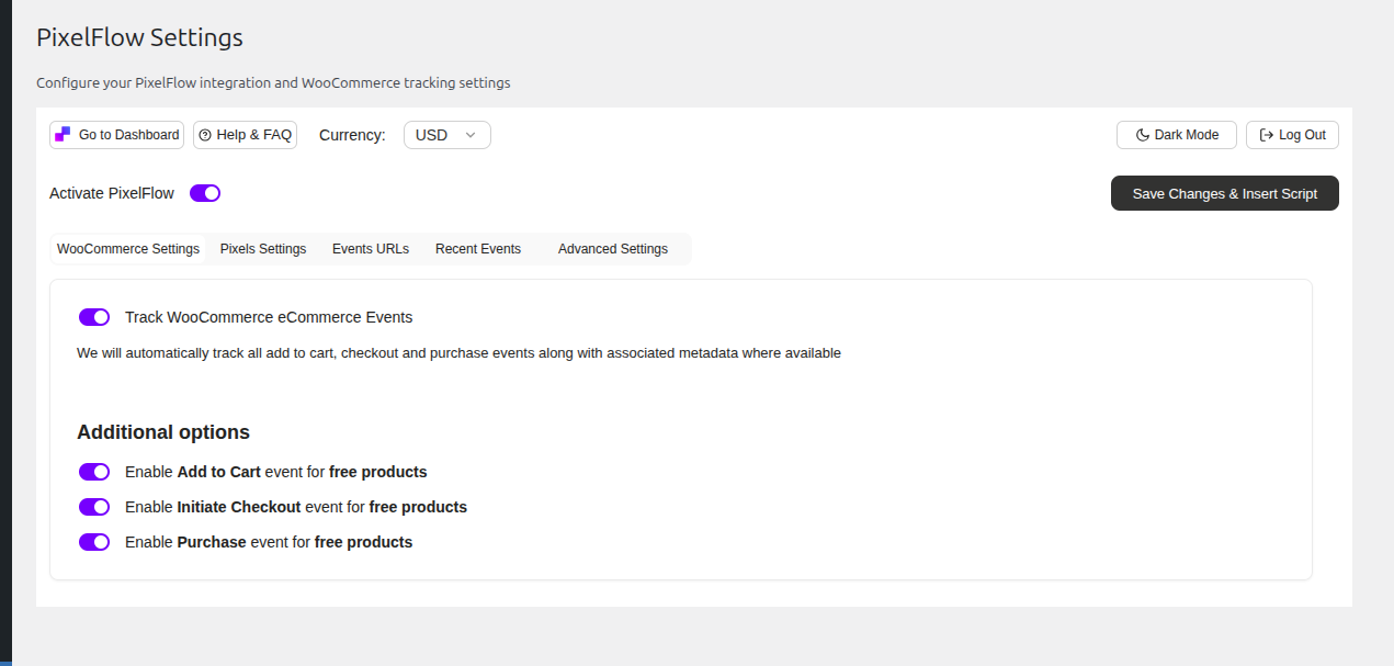 PixelFlow WooCommerce Settings showing toggles for tracking eCommerce events