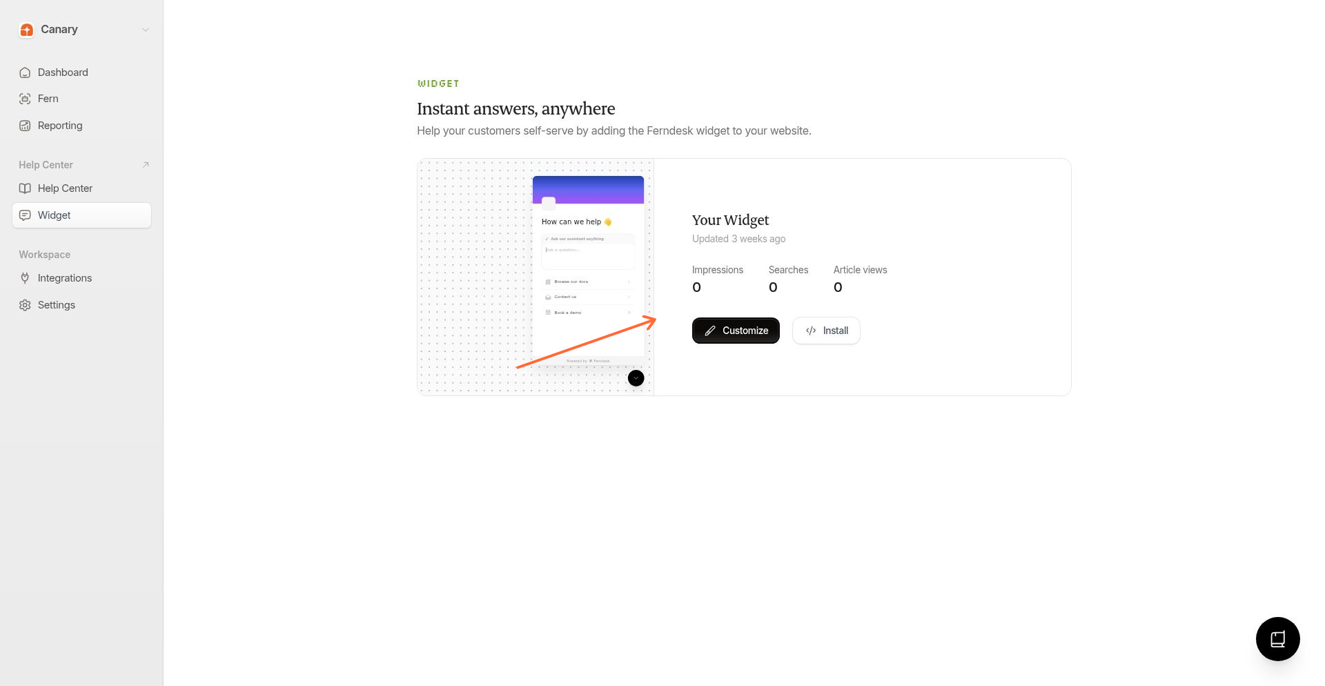 Ferndesk dashboard showing the Customize button on the widget card