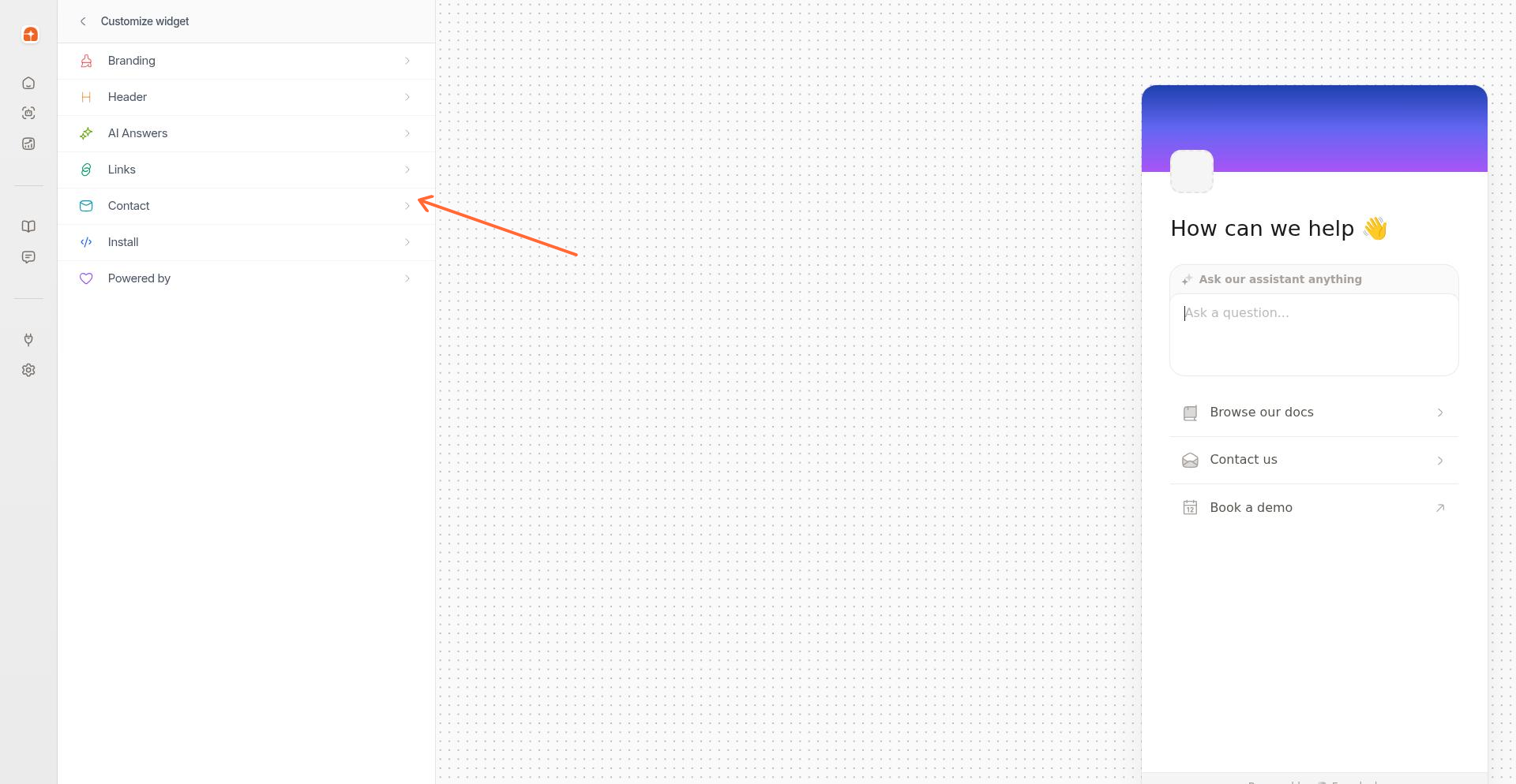 Widget customization sidebar with Contact option highlighted