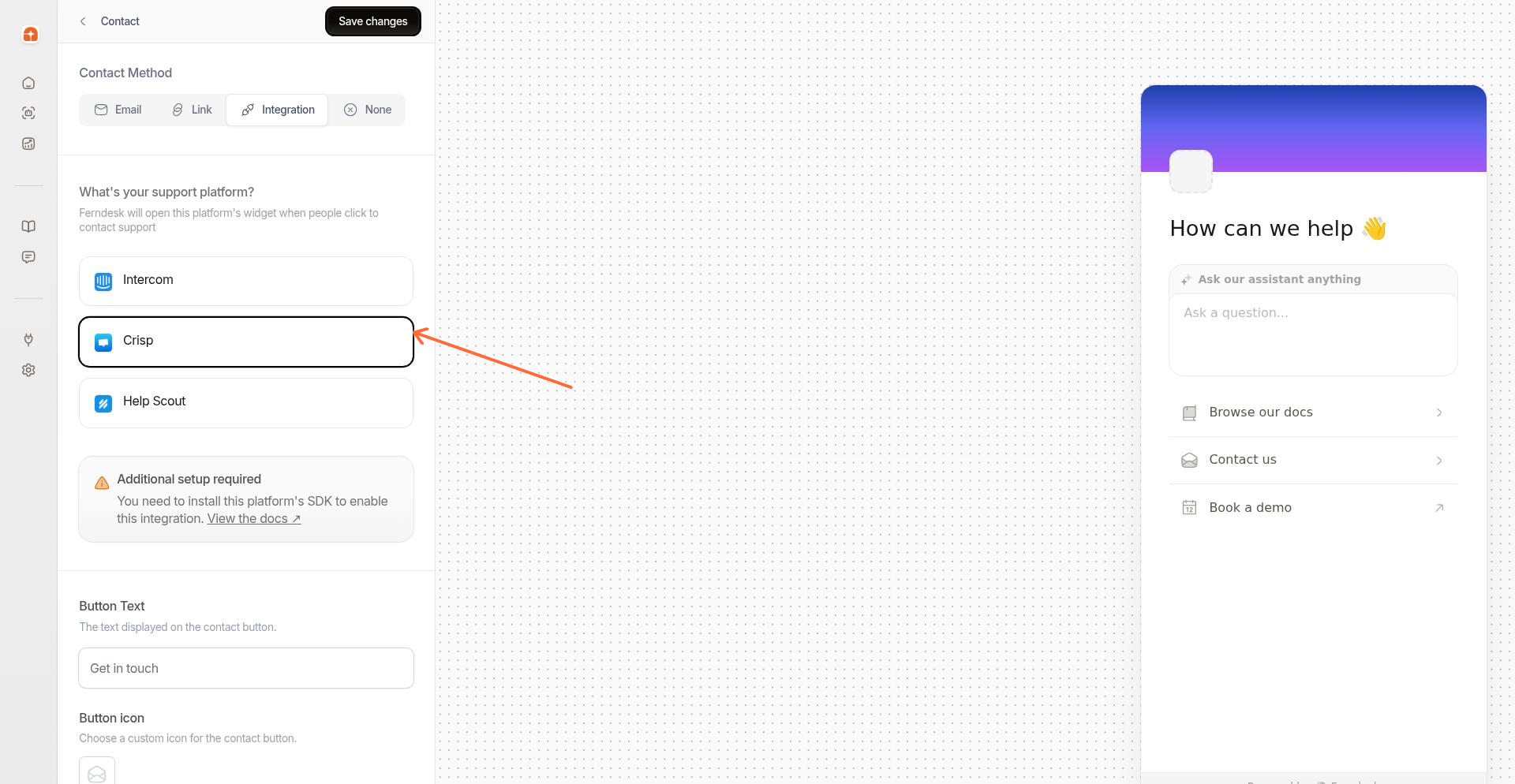 Platform selection showing Crisp among available integrations