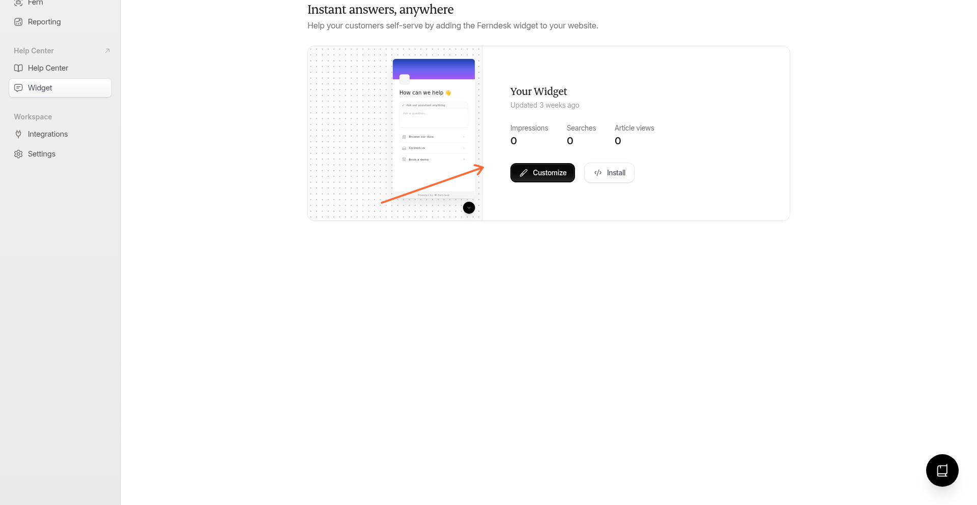 Ferndesk dashboard showing the Customize button on the widget card