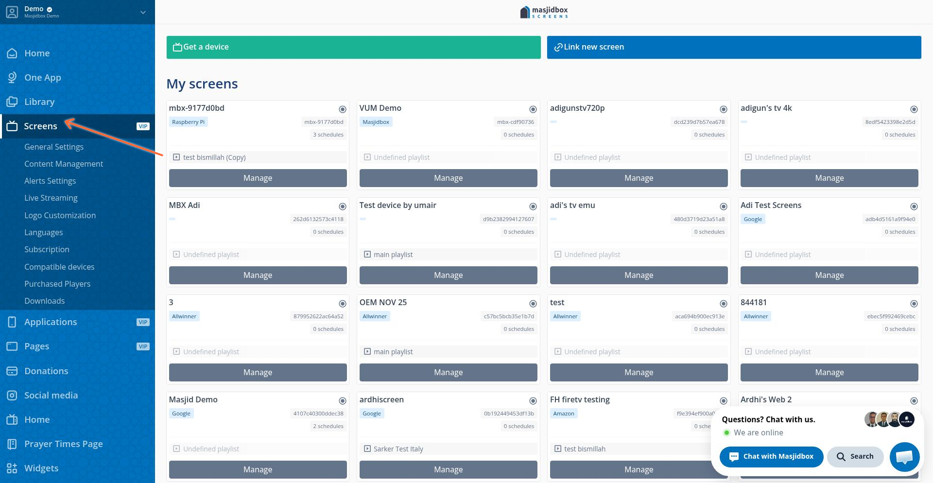 Screens menu in the Masjidbox dashboard sidebar
