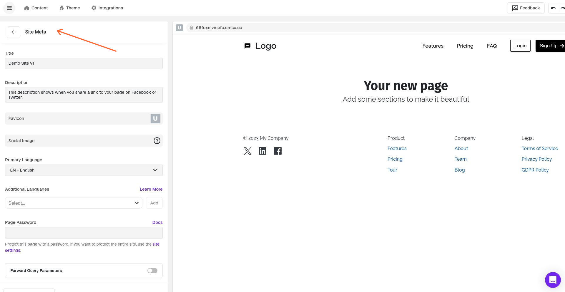 v1 editor header showing Site Meta button