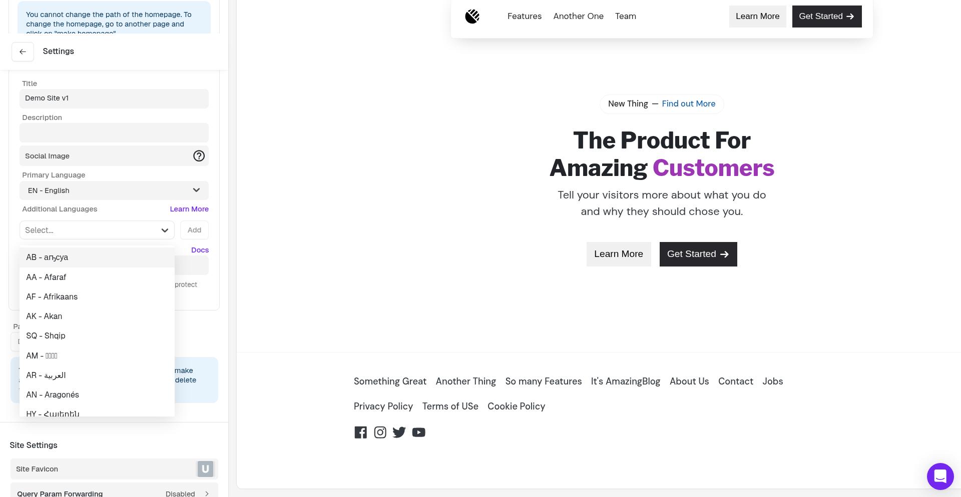 Language dropdown showing available options