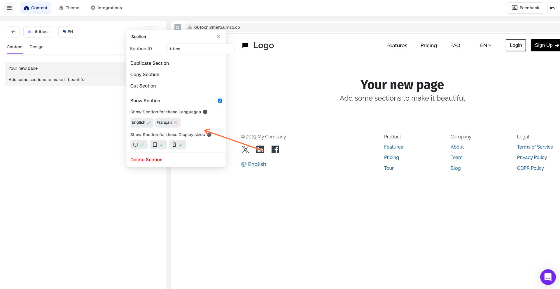 Show Section for these Display sizes setting