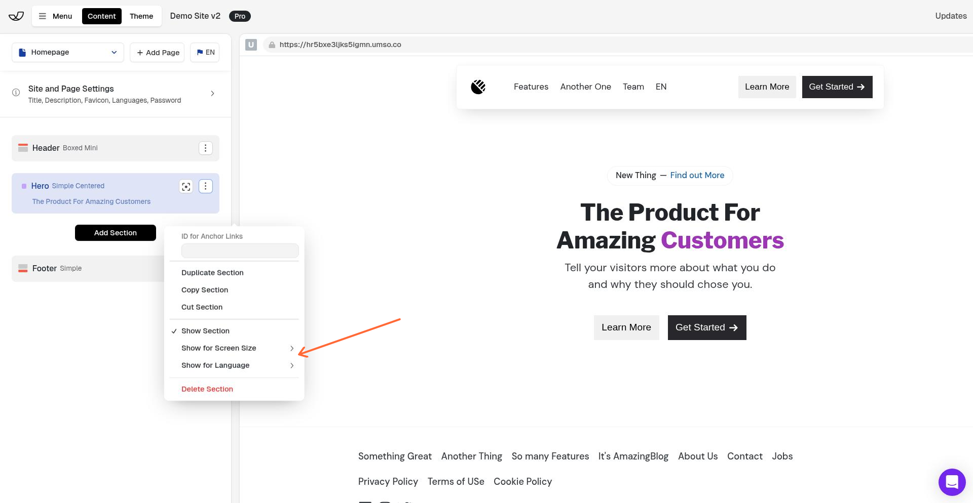 Show for Language option in the 3-dot menu