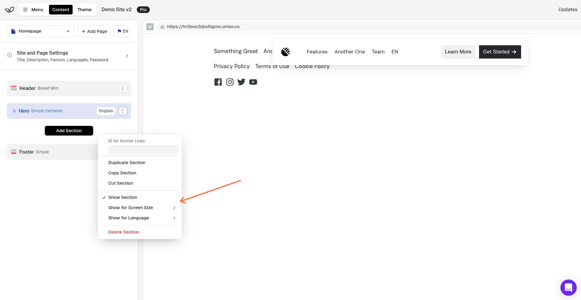 Show for Screen Size option in menu