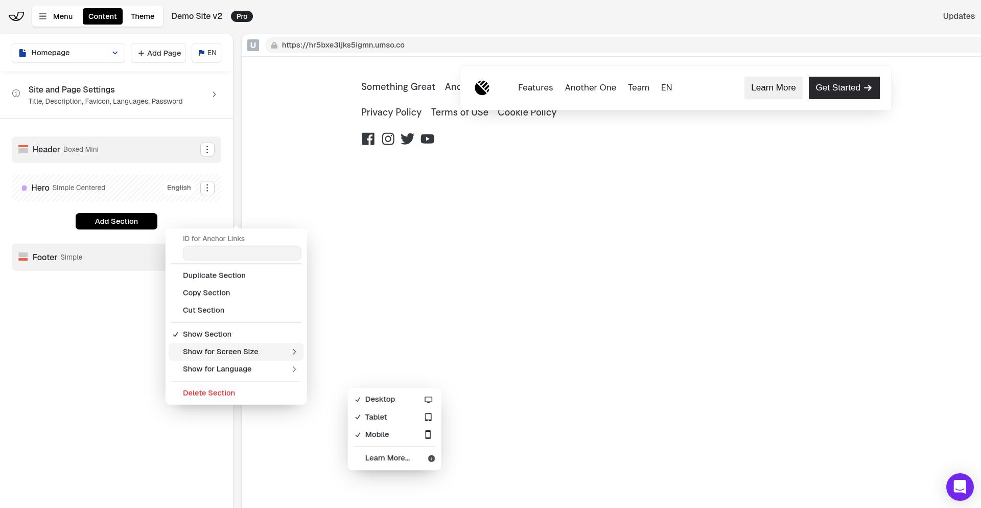 Screen size toggle buttons