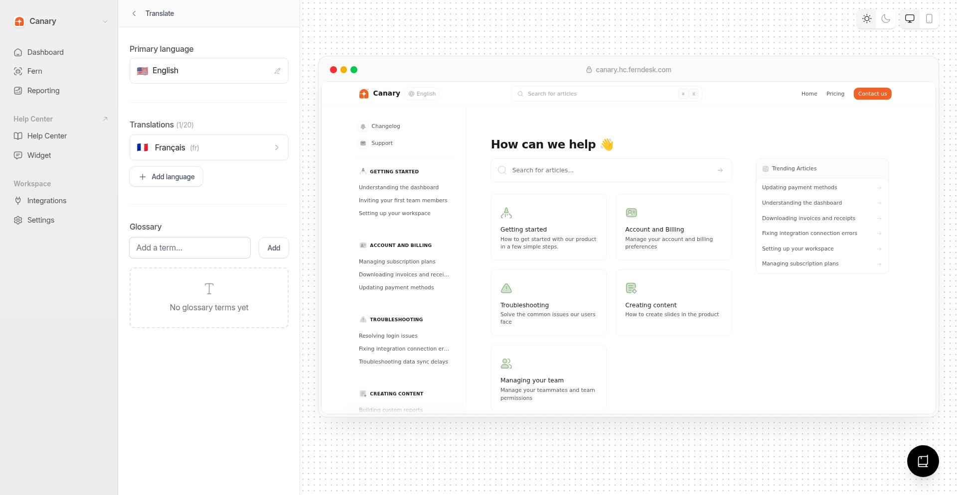 Glossary section showing example terms like Ferndesk, AI Assistant, and Knowledge Base