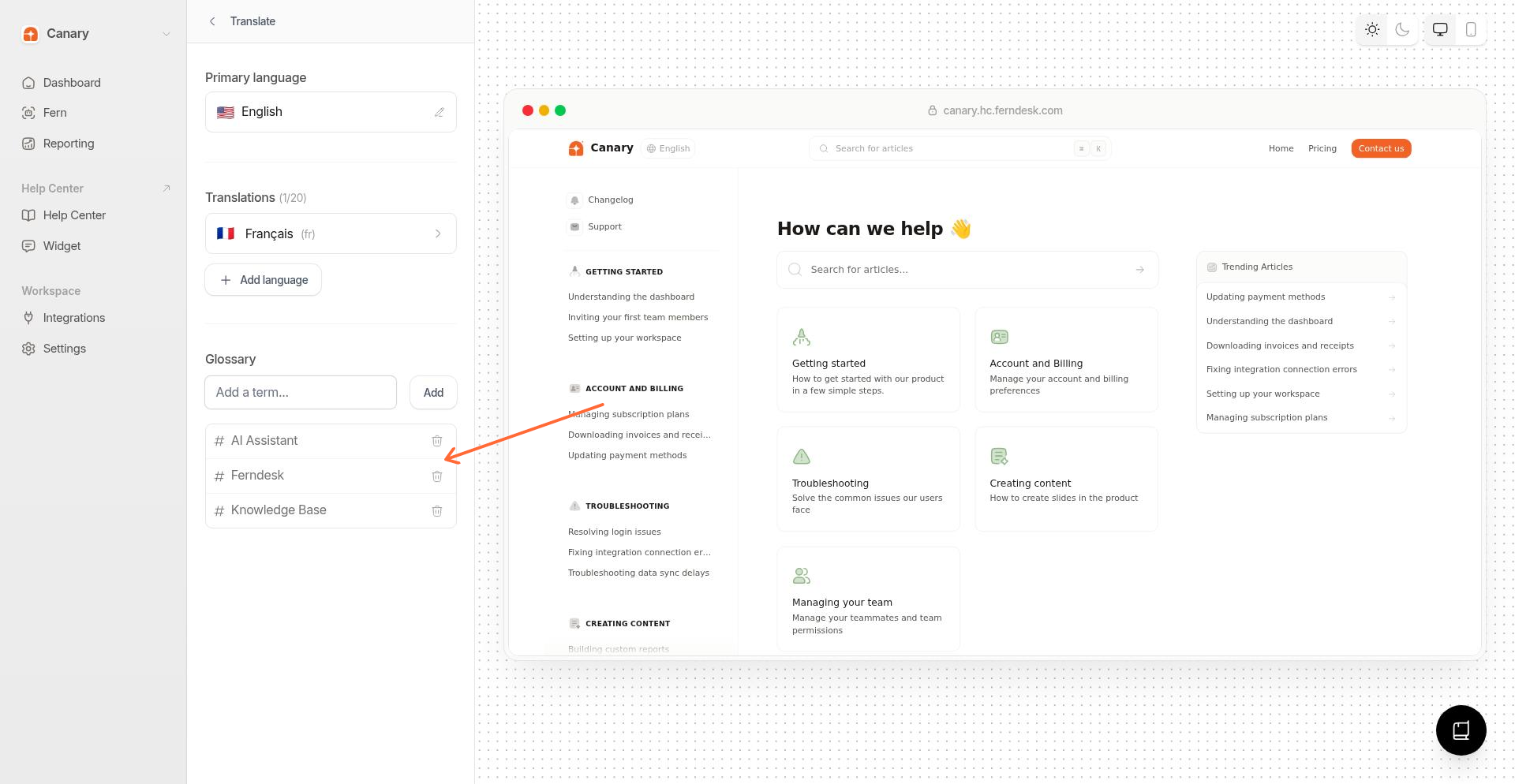Delete button appearing when hovering over a glossary term