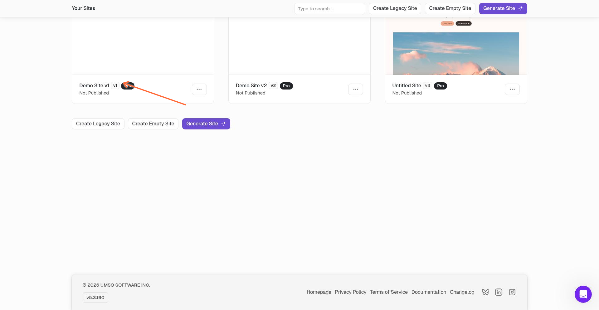 Dashboard showing a v1 site badge next to Demo Site v1