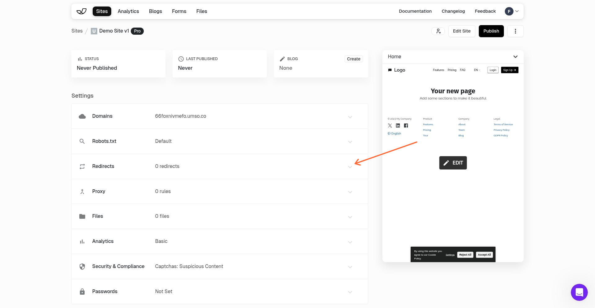 Settings page showing the Redirects card with 0 redirects