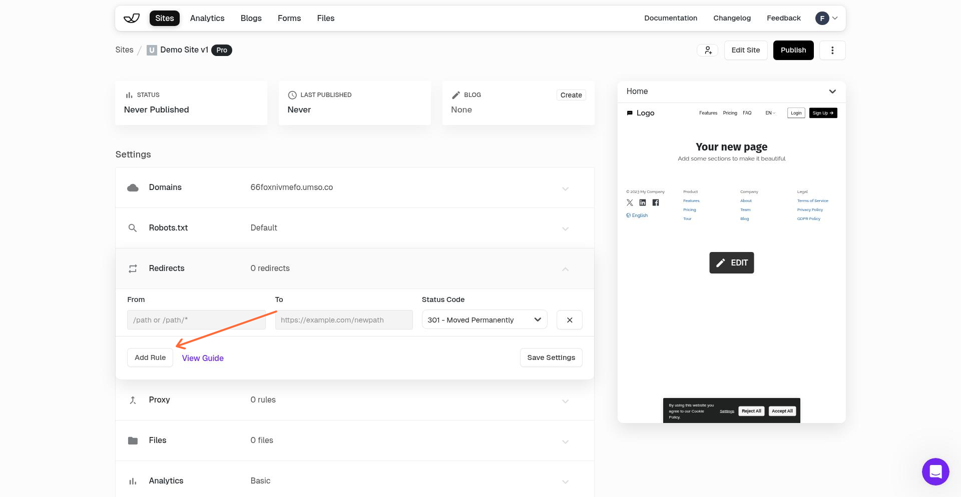 Redirect form with Add Rule button highlighted