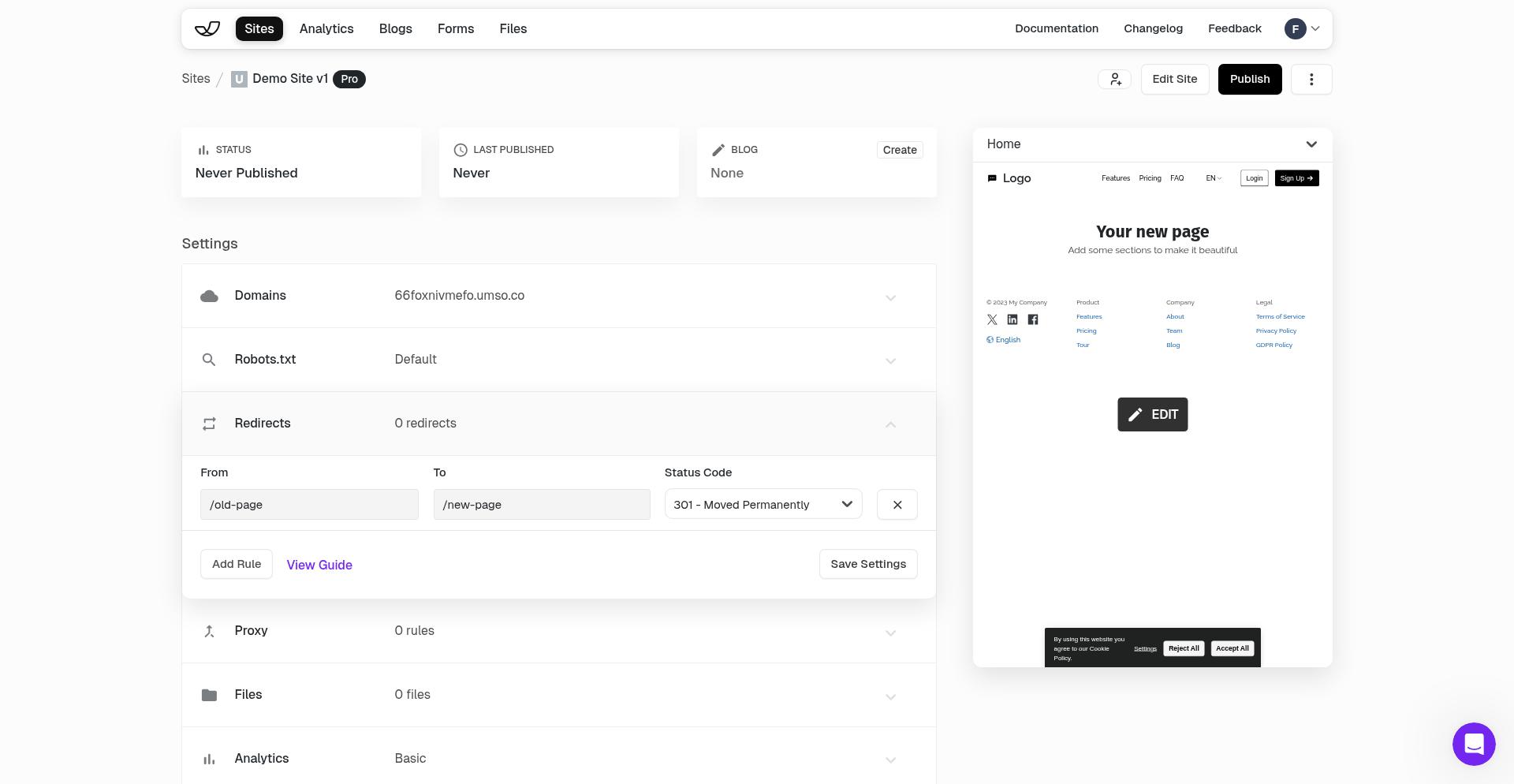 Filled redirect form showing from field as /old-page, to field as /new-page, and status code 301