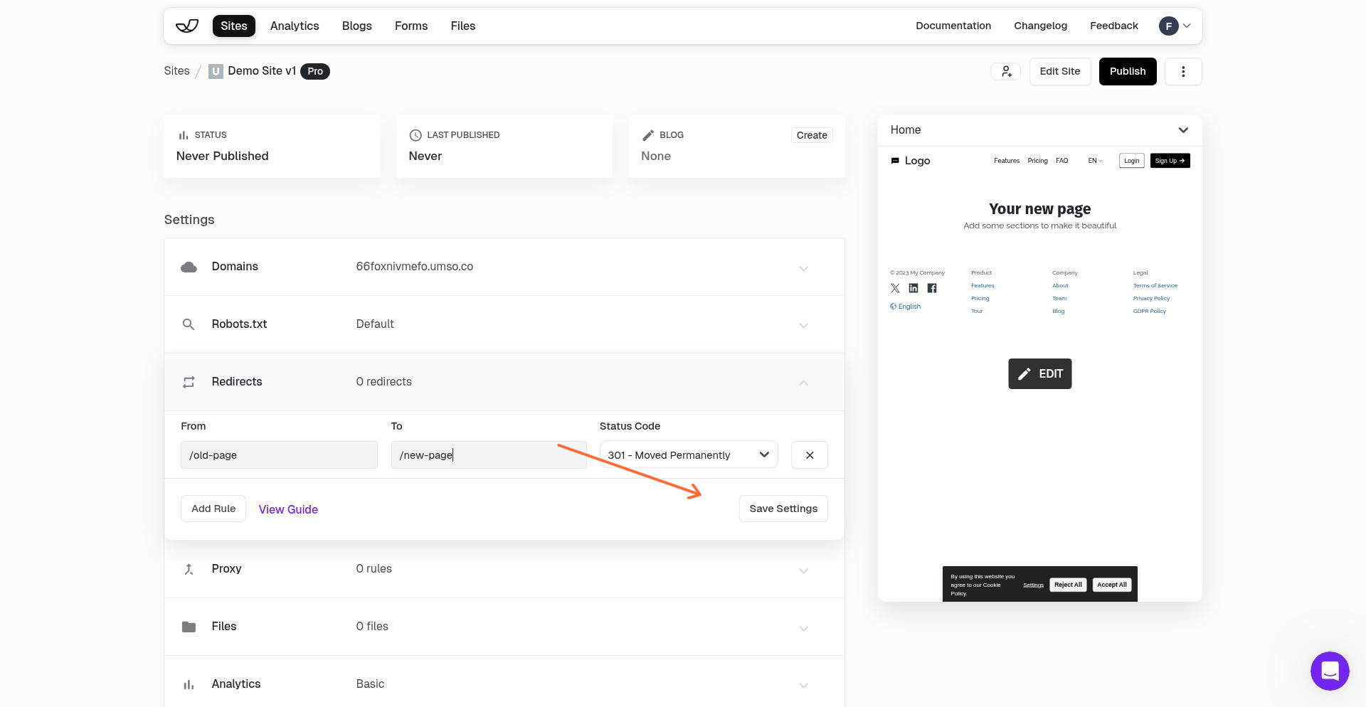 Saved redirect in the list with Save Settings button highlighted