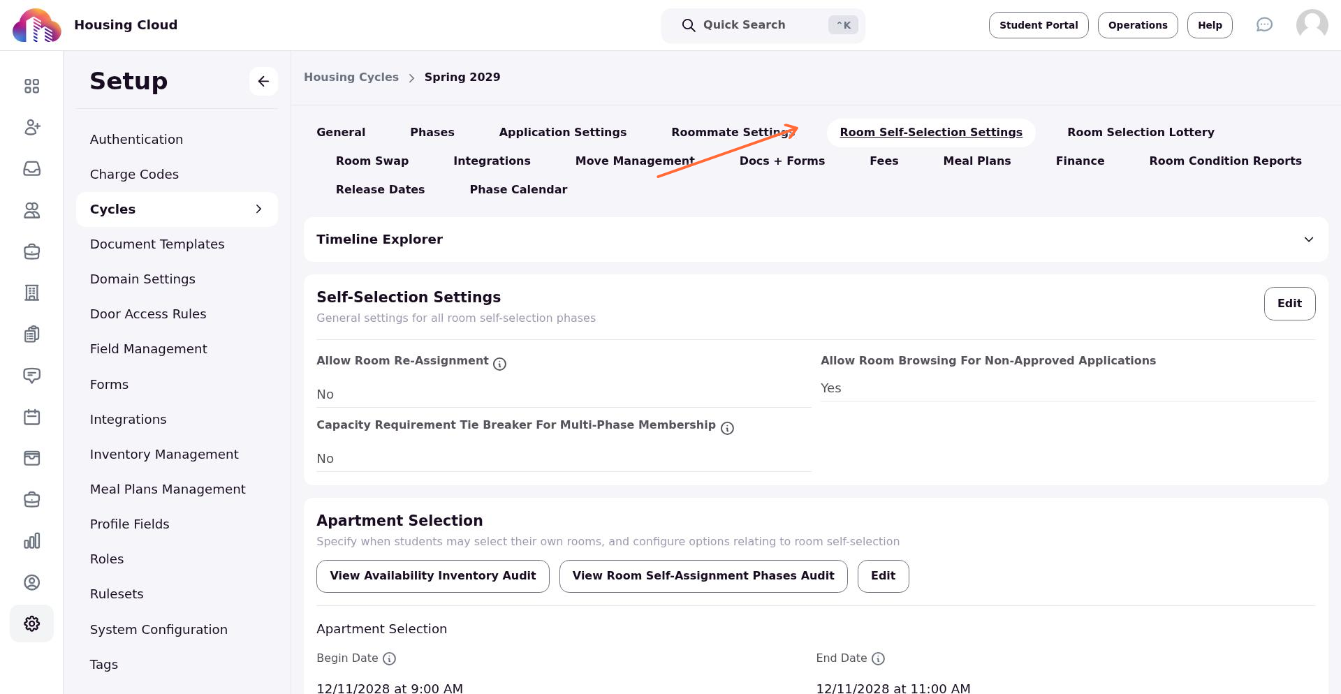 Room Self-Selection Settings tab in housing cycle configuration