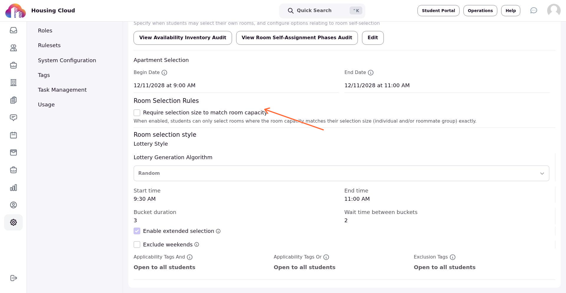 Require selection size to match room capacity checkbox in phase settings
