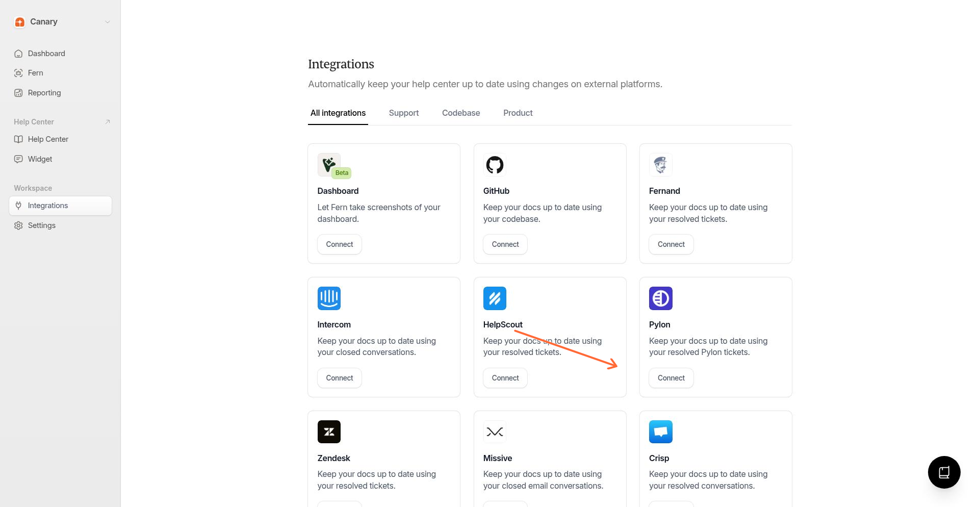 Pylon integration card on the Integrations page with the Connect button highlighted