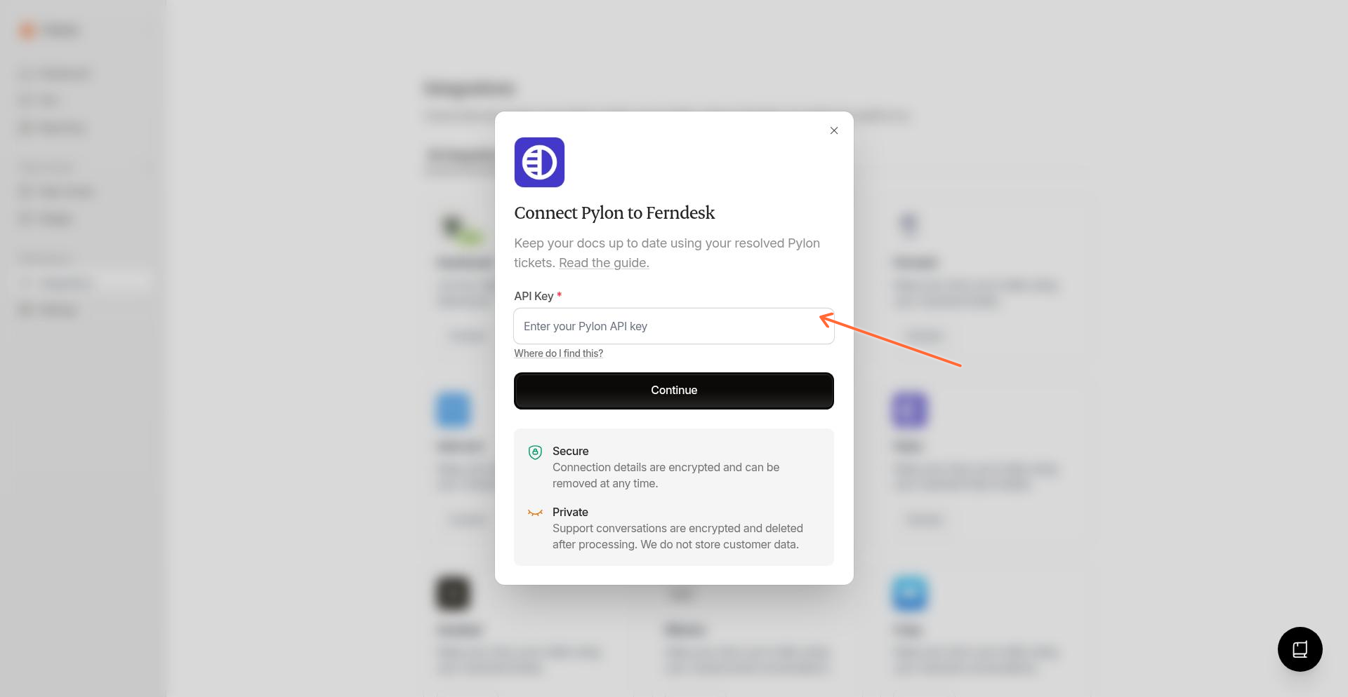 Pylon connection dialog showing the API key input field