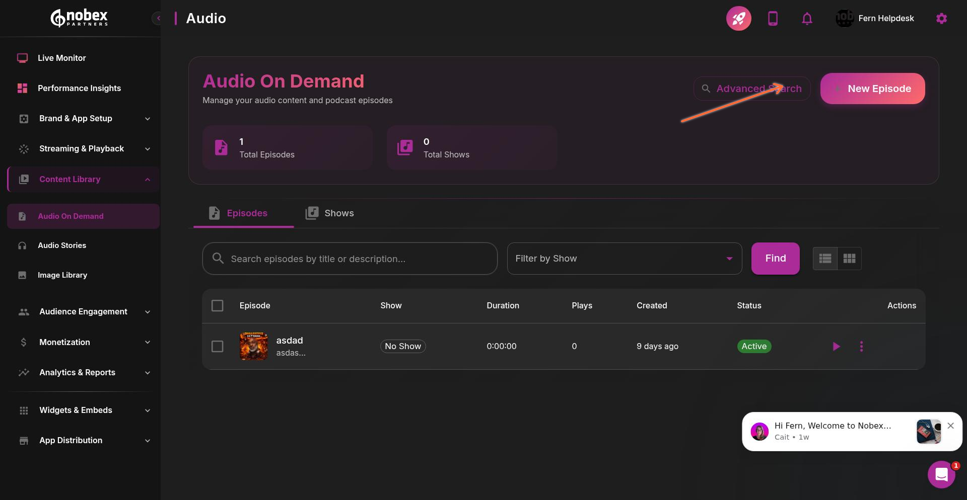 Audio On Demand main interface with New Episode button