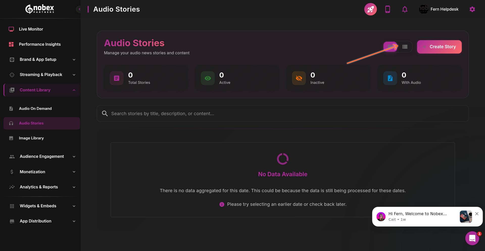 Audio Stories interface with Create Story button