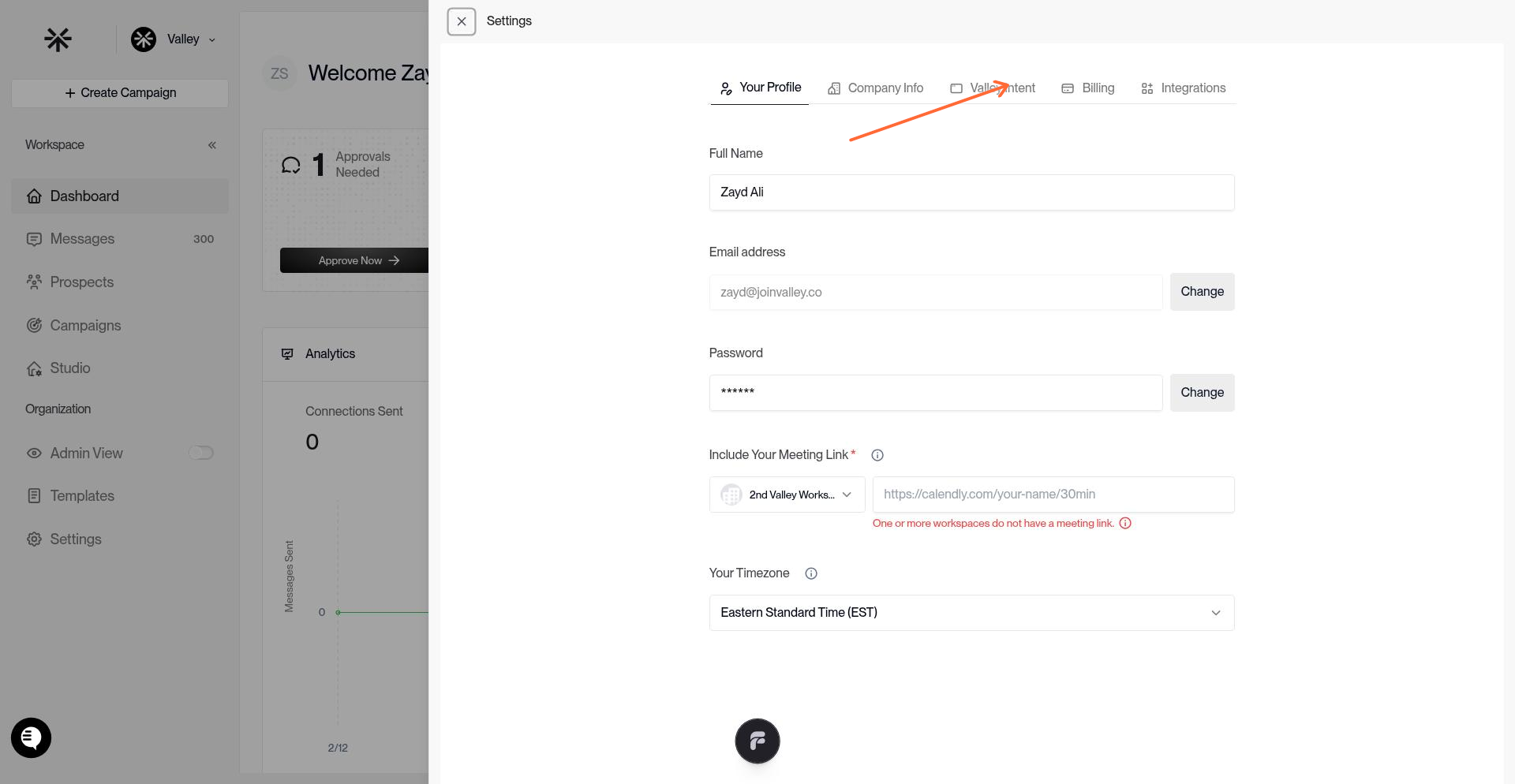 Billing tab in Settings modal