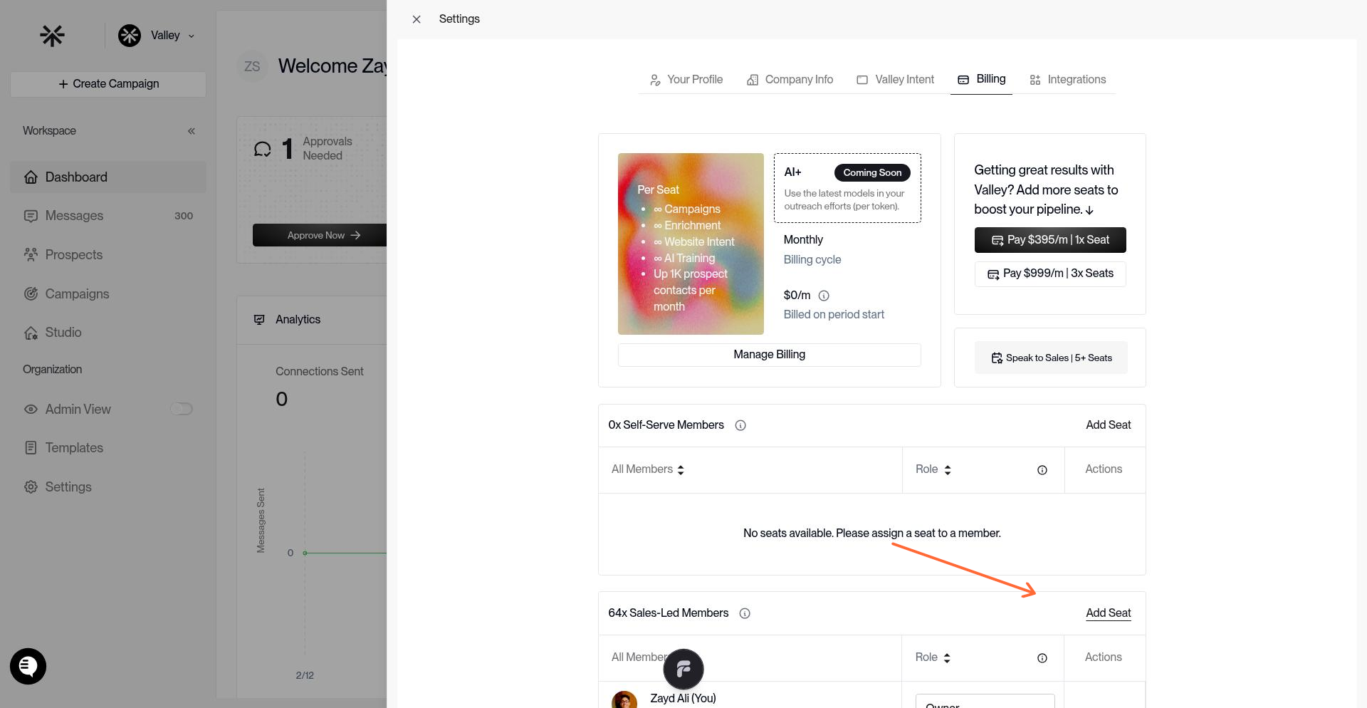 Add Seat button in Sales-Led Members section