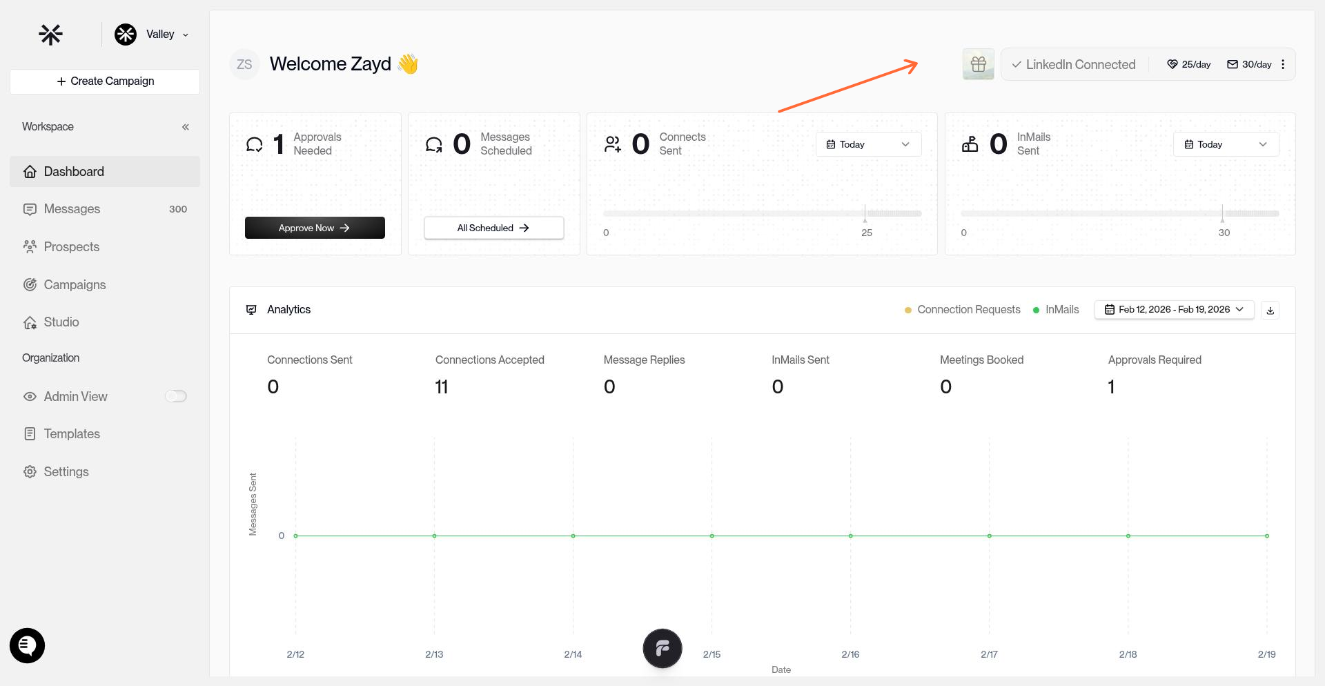 Referral icon in the Valley dashboard header