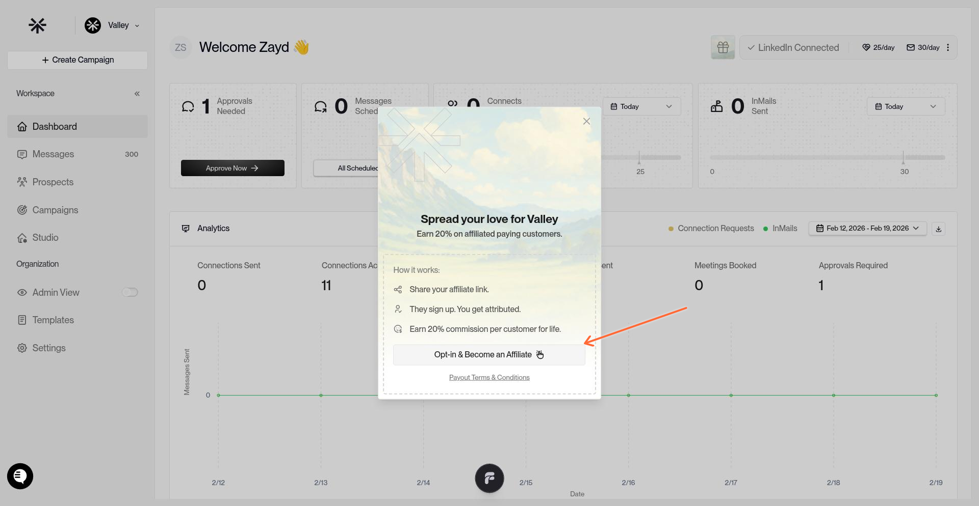 Opt-in button in the referral program modal