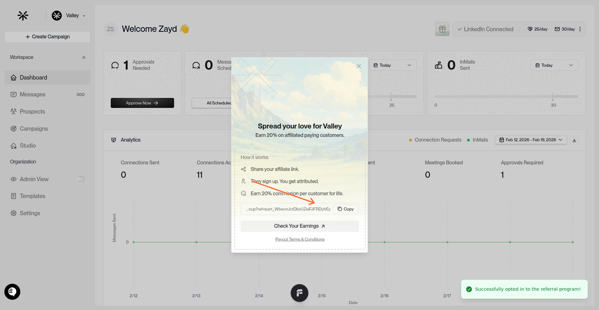 Copy button next to unique referral link
