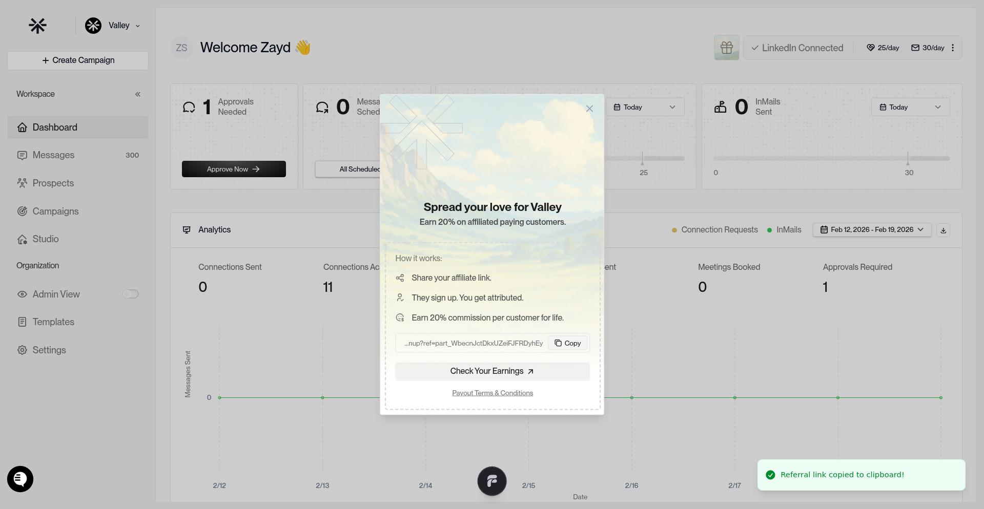 Confirmation that referral link was copied